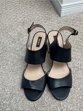 DKNY Black Leather Open-Toe Block Heel Sandals
